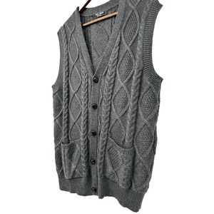 VTG Mens Gray Cable Knit Button Sweater Vest Chunky Grandpa Core Pockets Teacher